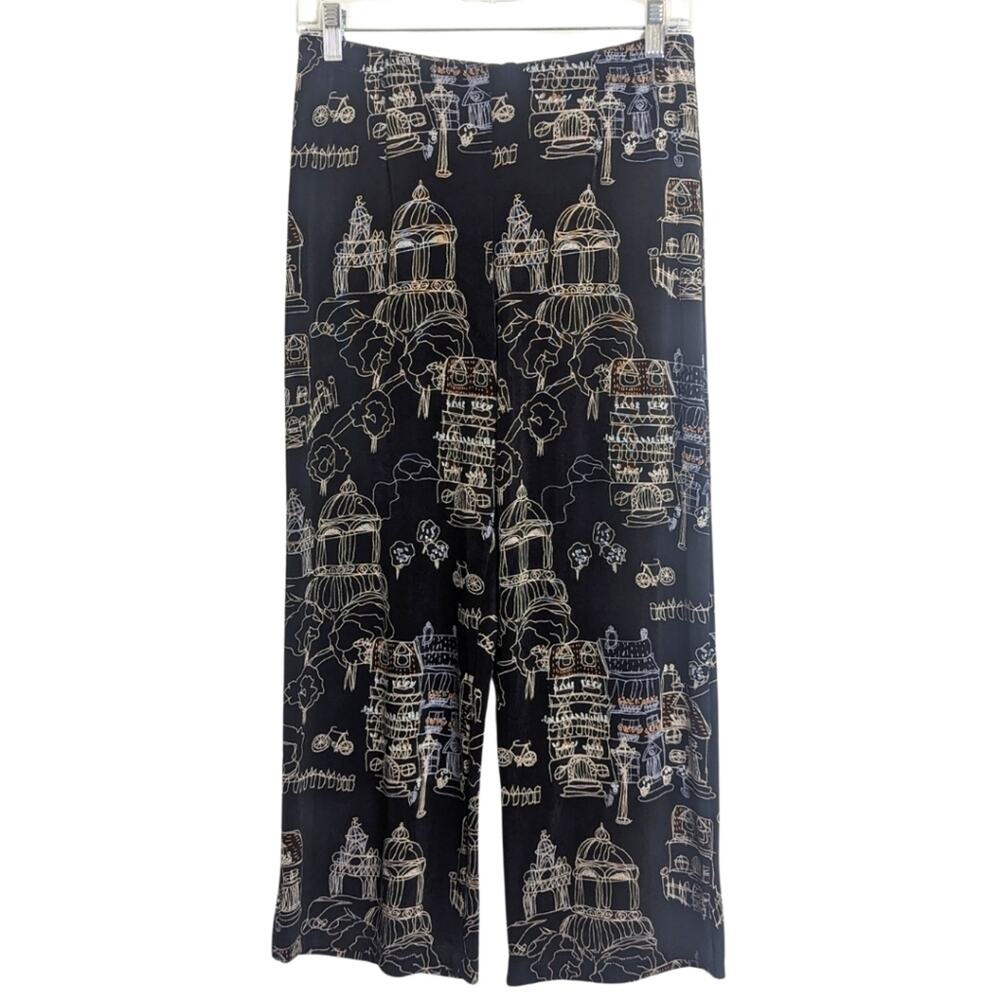 Vintage NWT Art to Wear Town Scene Capri Travel KnitElastic Pants Women's Small